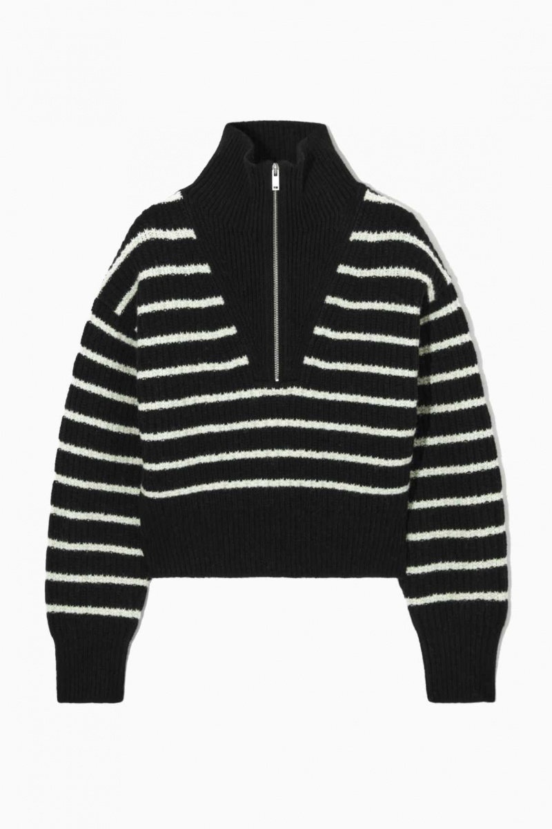 BLACK / WHITE / STRIPED COS HALF-ZIP FUNNEL-NECK WOOL SWEATER | GNZ-906175