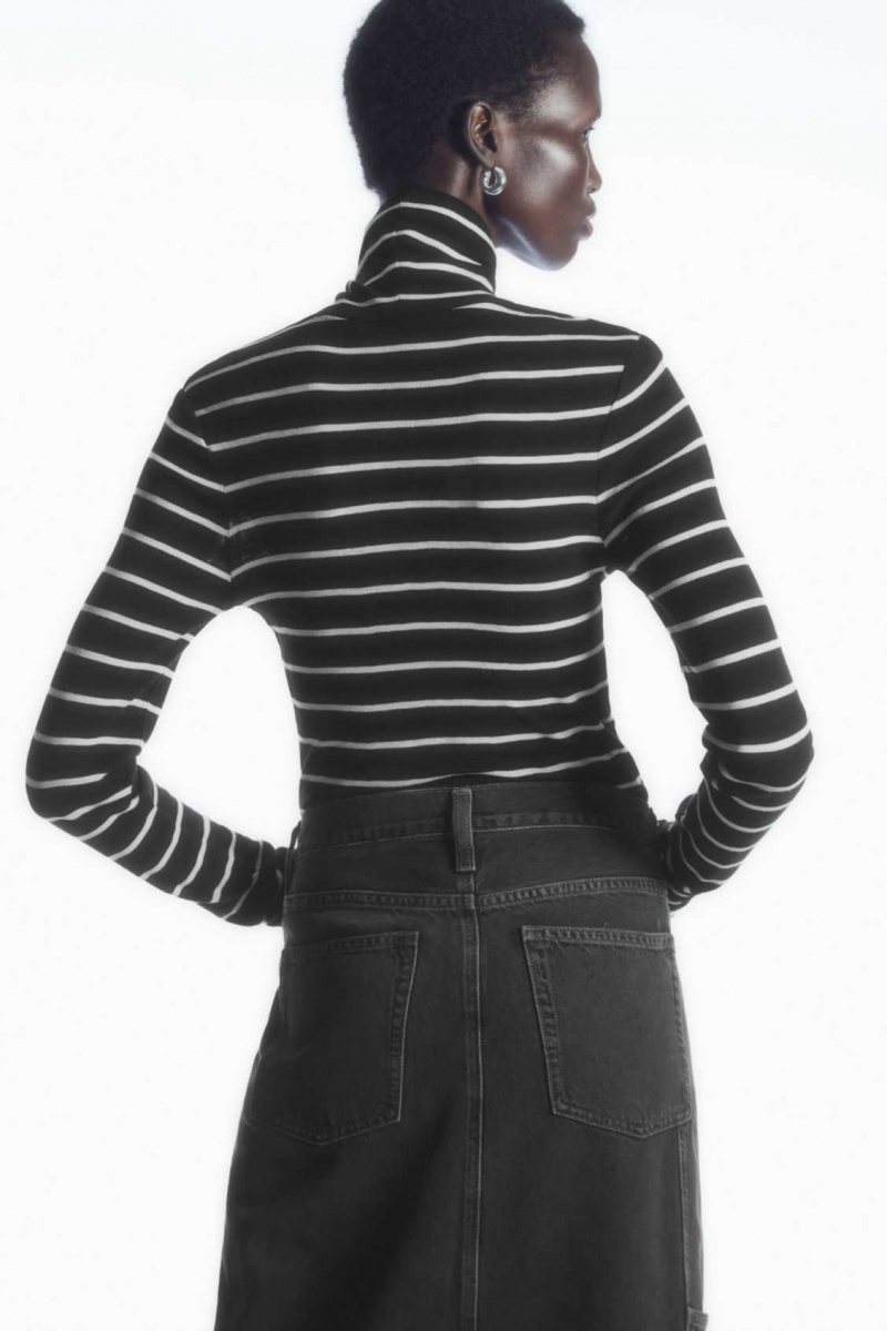 BLACK / WHITE / STRIPED COS MERINO WOOL TURTLENECK TOP | ZPI-470389