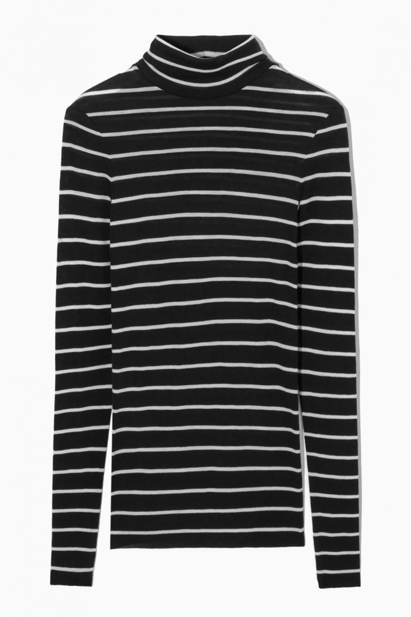 BLACK / WHITE / STRIPED COS MERINO WOOL TURTLENECK TOP | ZPI-470389