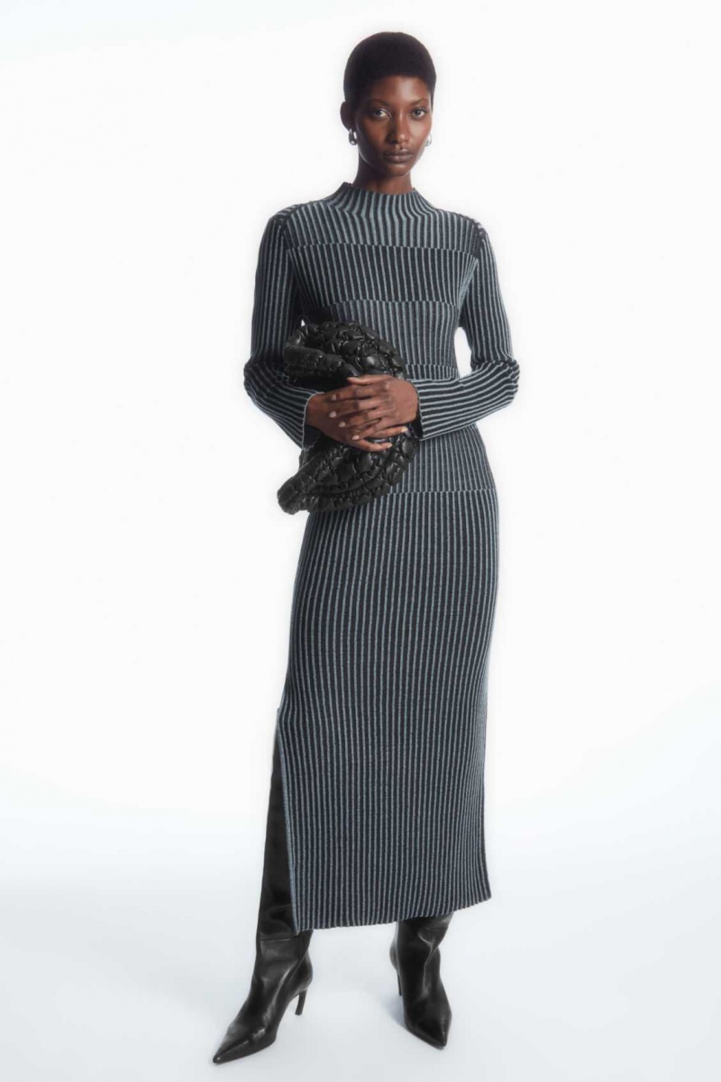 BLUE COS STRIPED RIBBED-KNIT MIDI DRESS | UXJ-875634