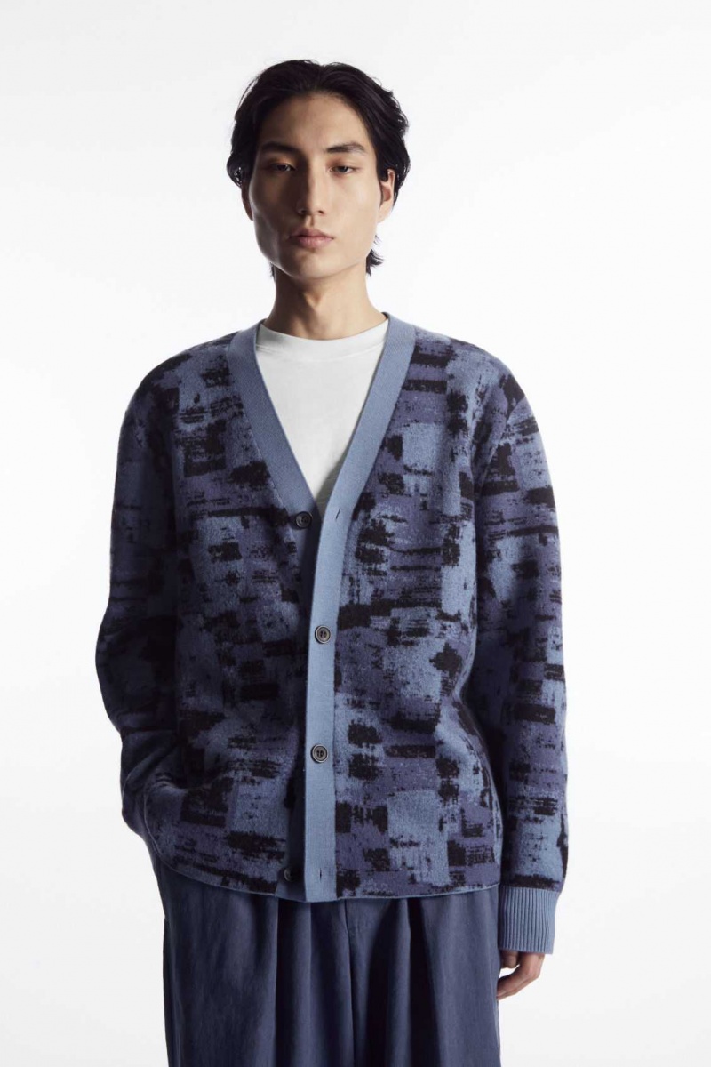 BLUE / BLACK COS BRUSHSTROKE-JACQUARD WOOL CARDIGAN | ZHI-145260