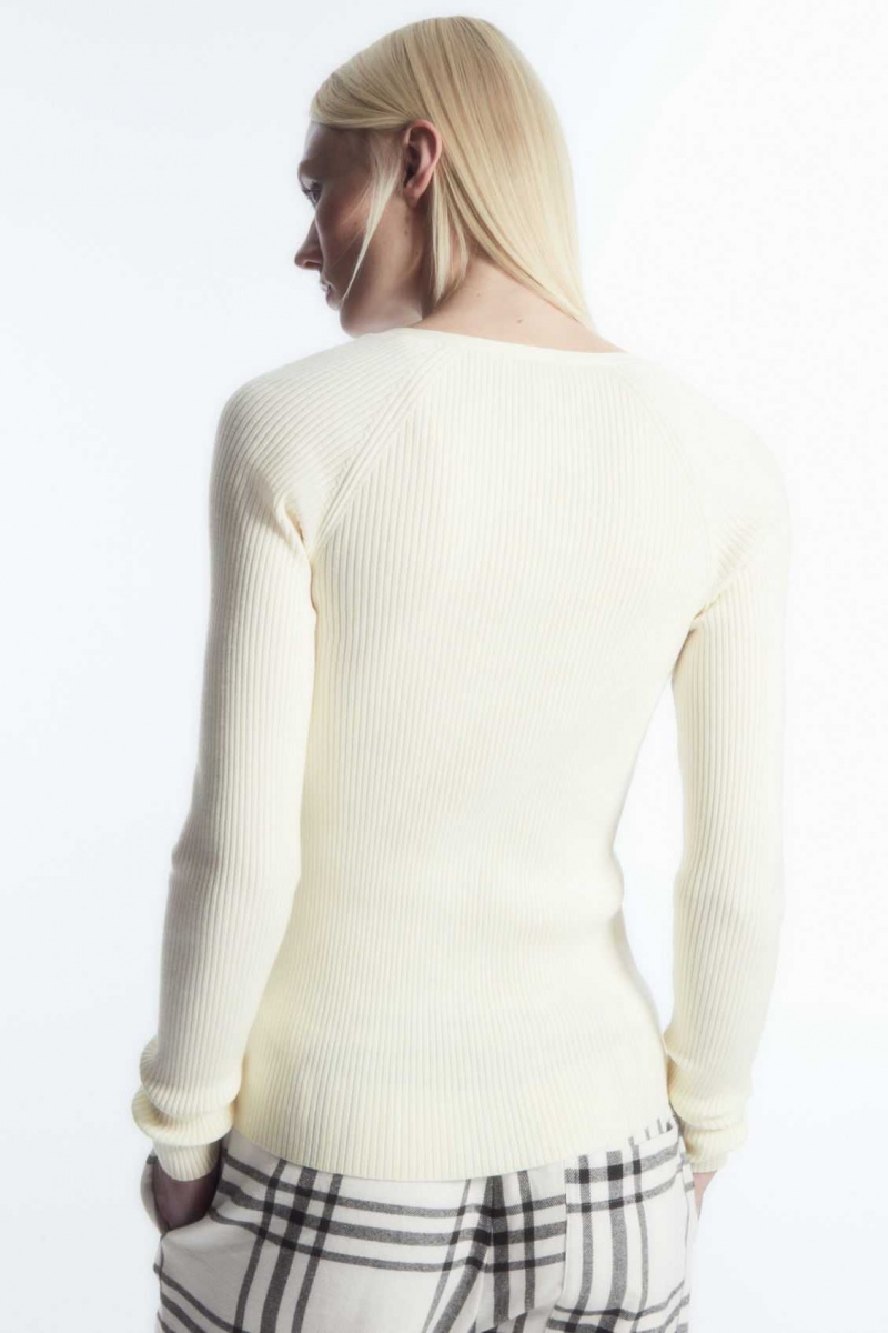 CREAM COS V-NECK RIBBED WOOL HENLEY TOP | VOS-285937