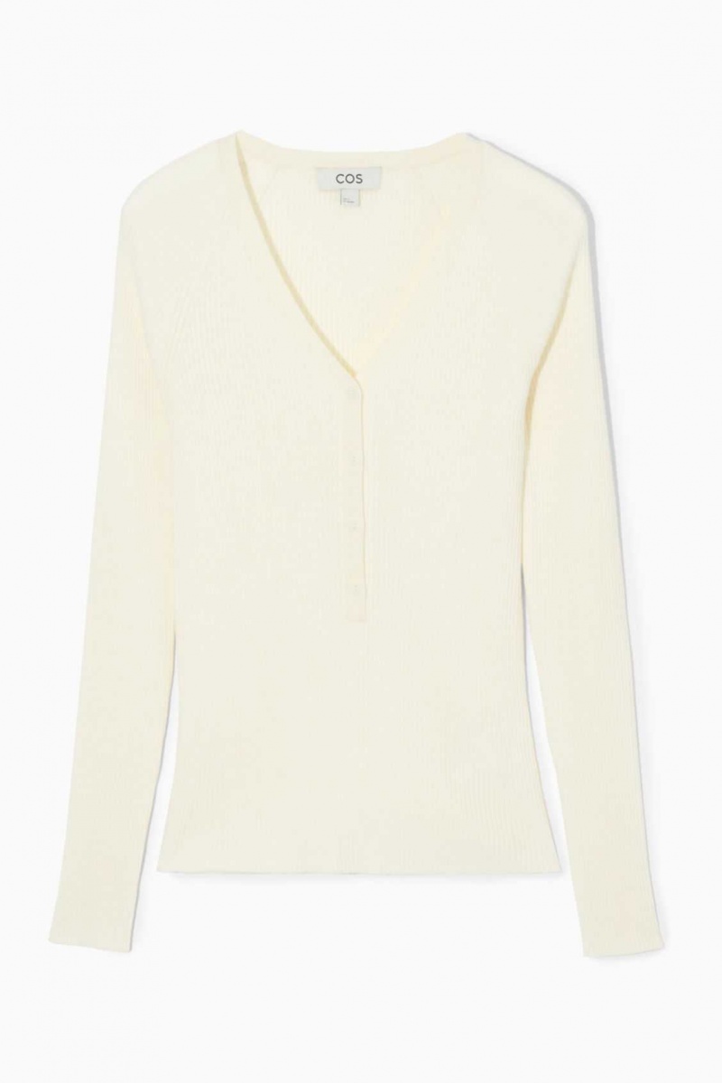 CREAM COS V-NECK RIBBED WOOL HENLEY TOP | VOS-285937