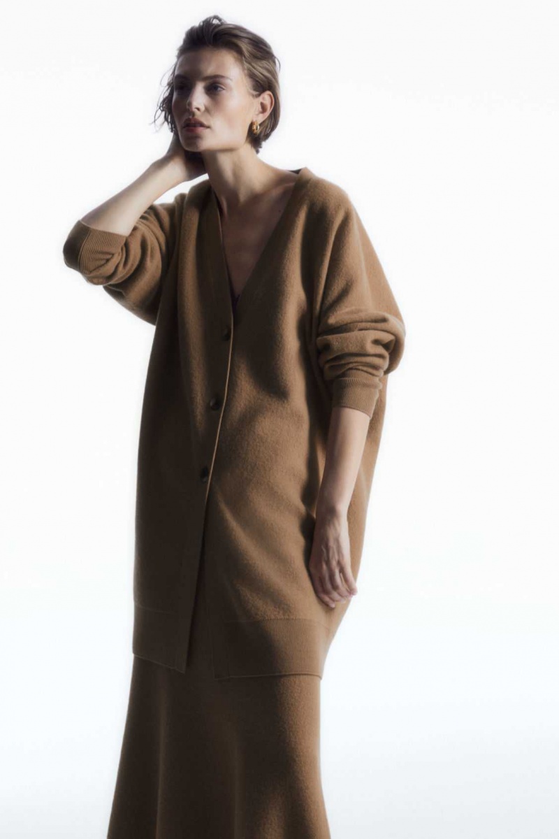 DARK BEIGE COS LONGLINE MERINO WOOL CARDIGAN | QDC-519704