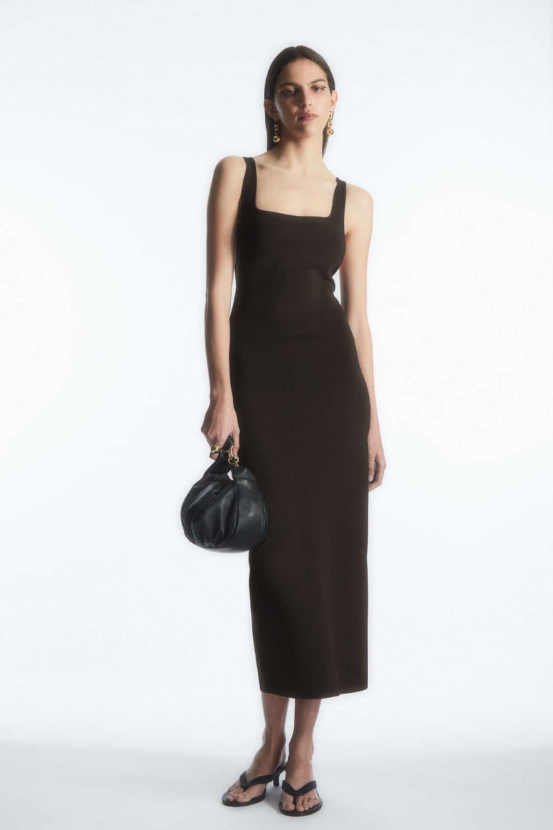 DARK BROWN COS BACKLESS SQUARE-NECK KNITTED DRESS | UYW-639587