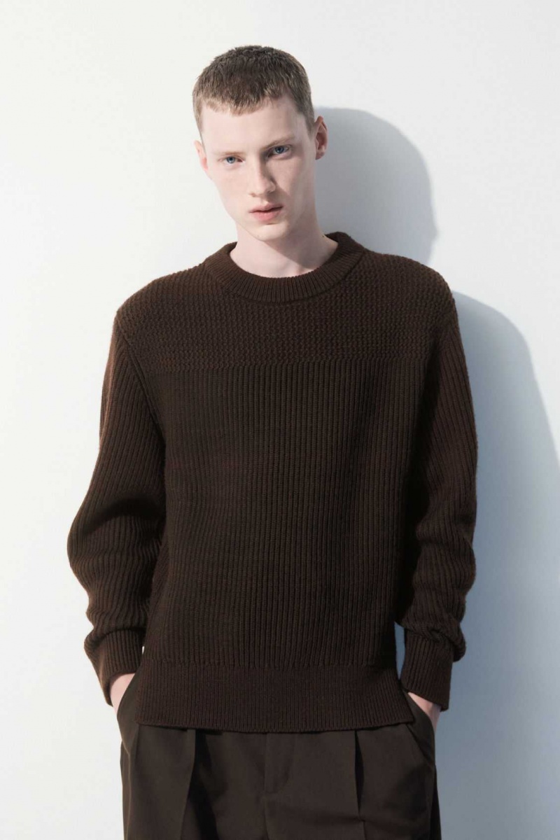 DARK BROWN MÉLANGE COS THE PANELLED WOOL JUMPER | FUX-279306