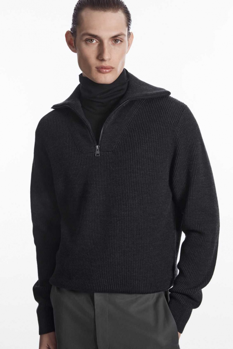 DARK GRAY COS WOOL AND COTTON-BLEND HALF-ZIP SWEATER | BSW-978265