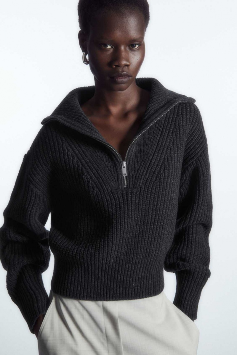 DARK GRAY MÉLANGE COS HALF-ZIP FUNNEL-NECK WOOL SWEATER | NLH-347928