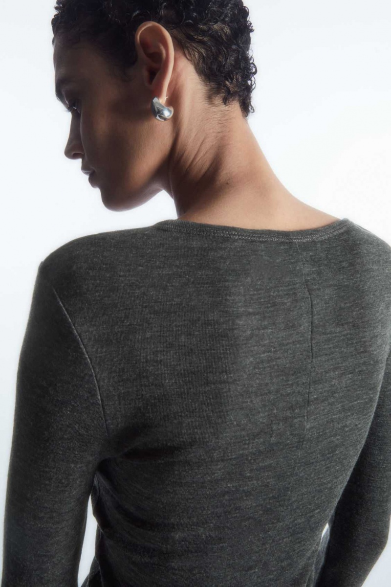 DARK GRAY MÉLANGE COS SCOOP-NECK MERINO WOOL LONG-SLEEVED TOP | SEA-754201