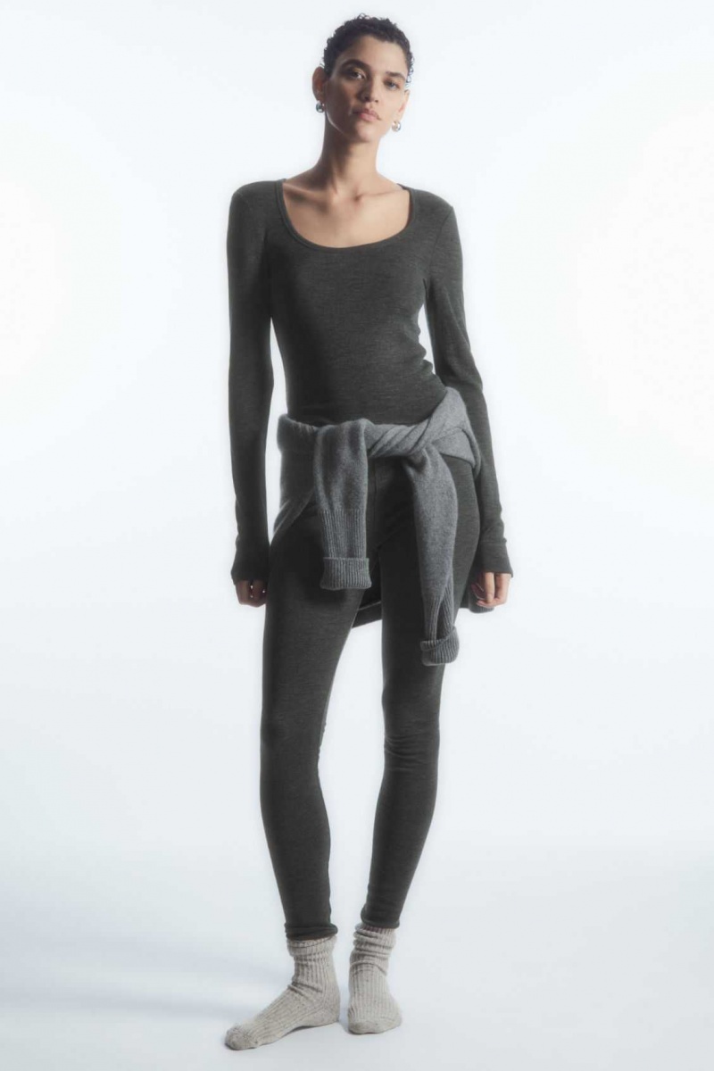 DARK GRAY MÉLANGE COS SCOOP-NECK MERINO WOOL LONG-SLEEVED TOP | SEA-754201