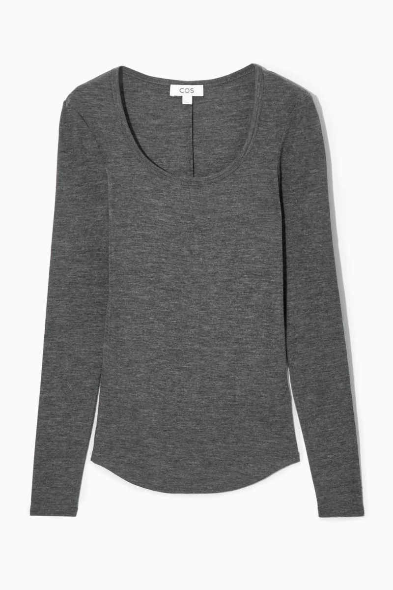 DARK GRAY MÉLANGE COS SCOOP-NECK MERINO WOOL LONG-SLEEVED TOP | SEA-754201