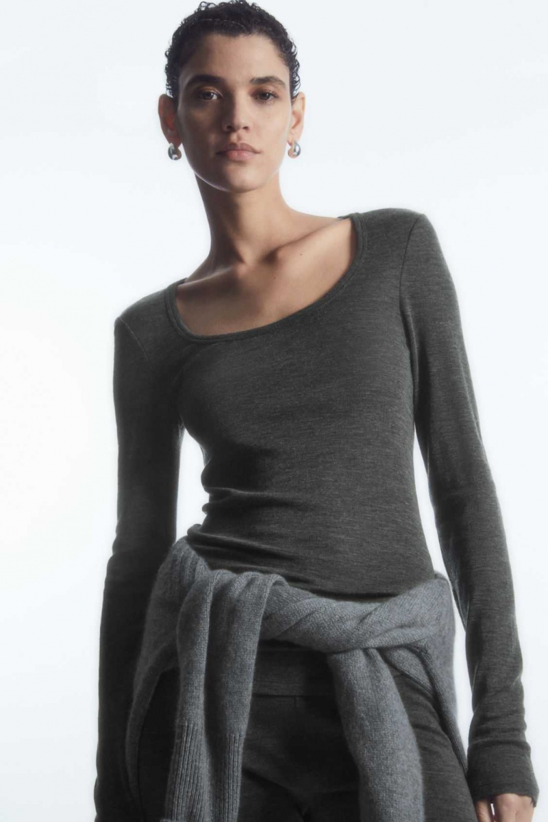 DARK GRAY MÉLANGE COS SCOOP-NECK MERINO WOOL LONG-SLEEVED TOP | SEA-754201