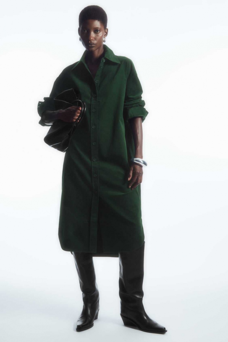 DARK GREEN COS CORDUROY MIDI SHIRT DRESS | RTL-450791