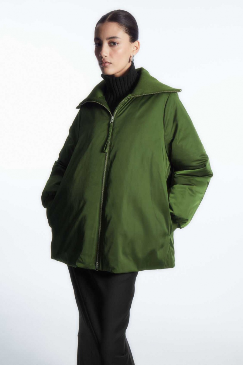 DARK GREEN COS RIBBED-COLLAR PUFFER JACKET | ILK-765831