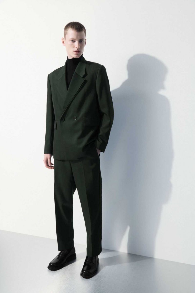 DARK GREEN COS THE DOUBLE-BREASTED WOOL TUXEDO JACKET | AQU-826107