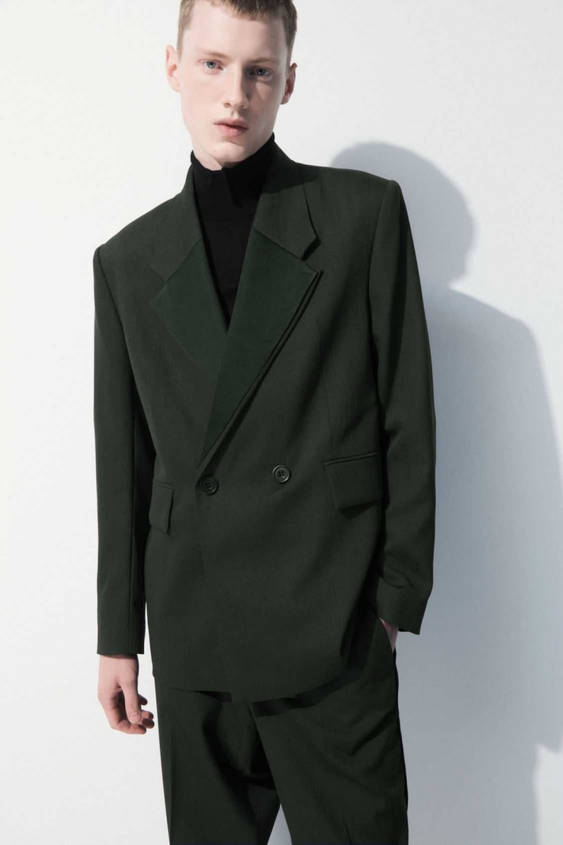 DARK GREEN COS THE DOUBLE-BREASTED WOOL TUXEDO JACKET | AQU-826107