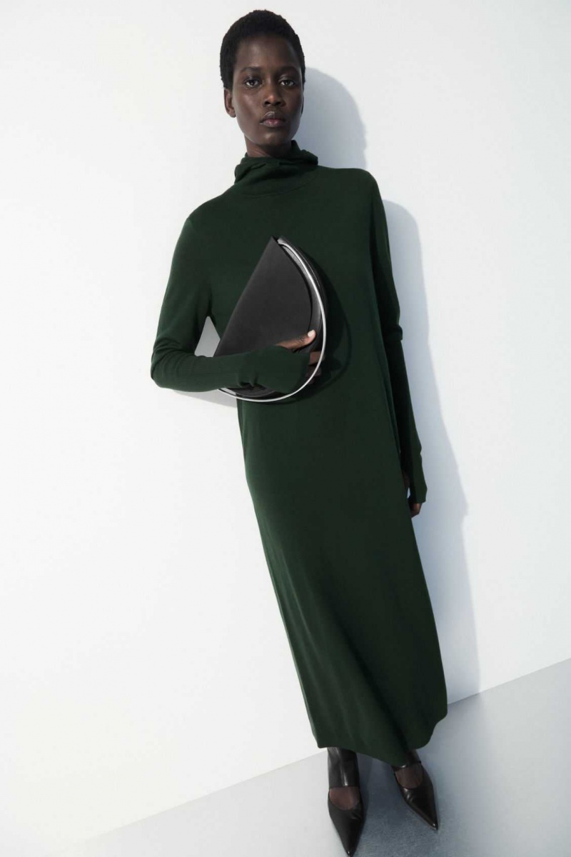 DARK GREEN COS THE HOODED WOOL DRESS | GZJ-015648