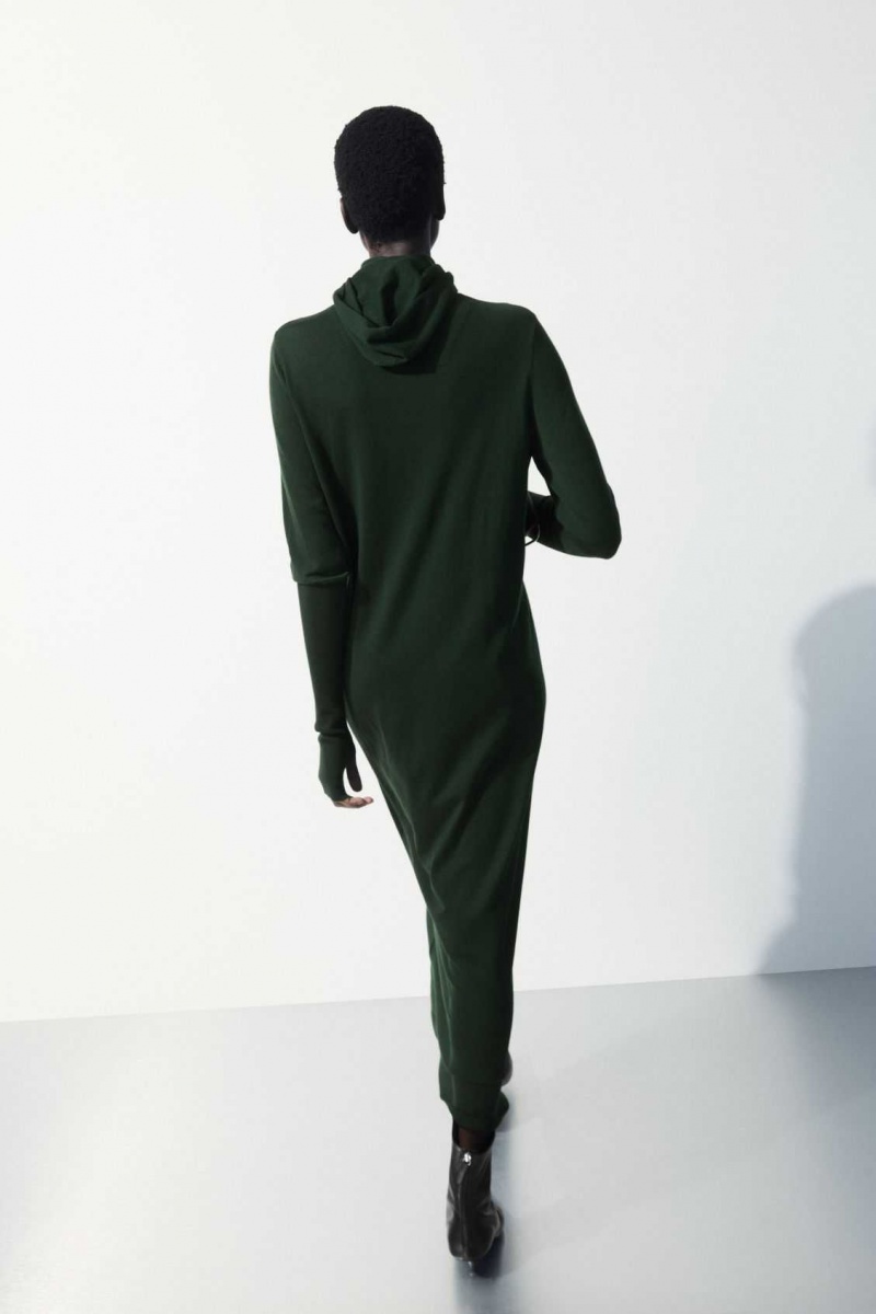 DARK GREEN COS THE HOODED WOOL DRESS | GZJ-015648