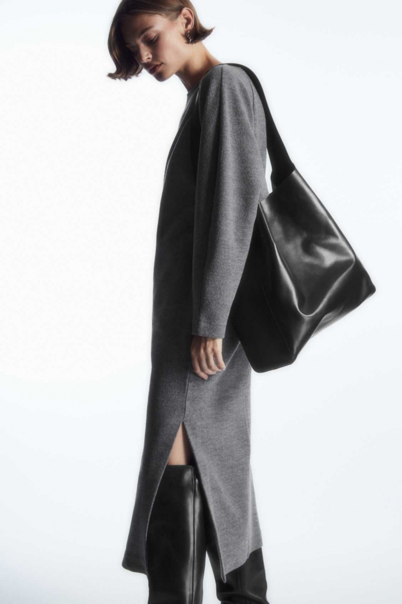 DARK GREY MELANGE COS BOILED-WOOL LONG-SLEEVED MAXI DRESS | WVX-091372