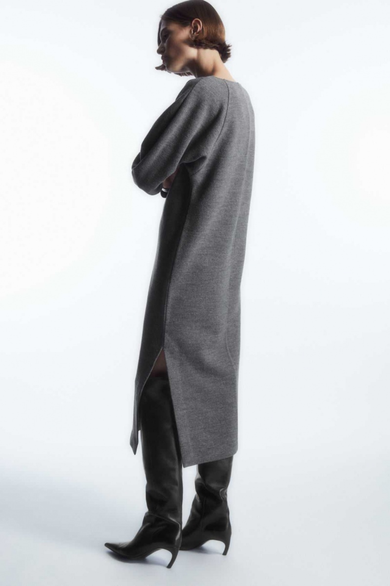 DARK GREY MELANGE COS BOILED-WOOL LONG-SLEEVED MAXI DRESS | WVX-091372