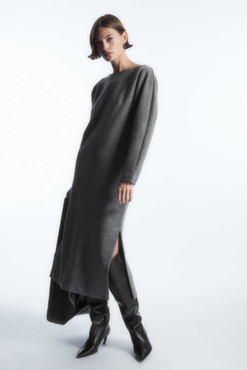 DARK GREY MELANGE COS BOILED-WOOL LONG-SLEEVED MAXI DRESS | WVX-091372