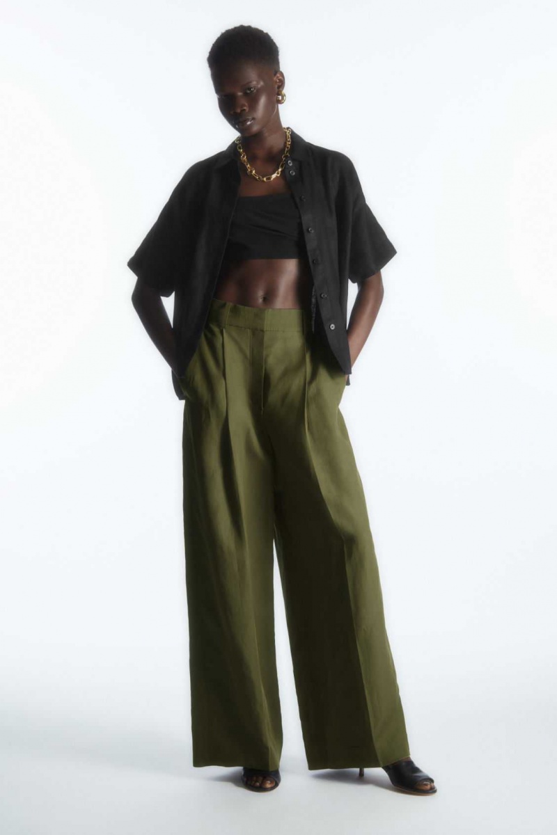 DARK KHAKI COS HIGH-WAISTED WIDE-LEG PANTS | PFH-632148