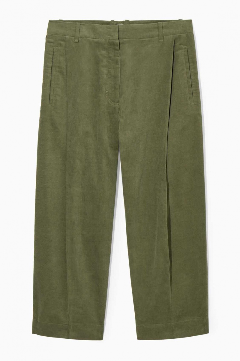 DARK KHAKI COS PLEATED BARREL-LEG CORDUROY PANTS | CRW-692840