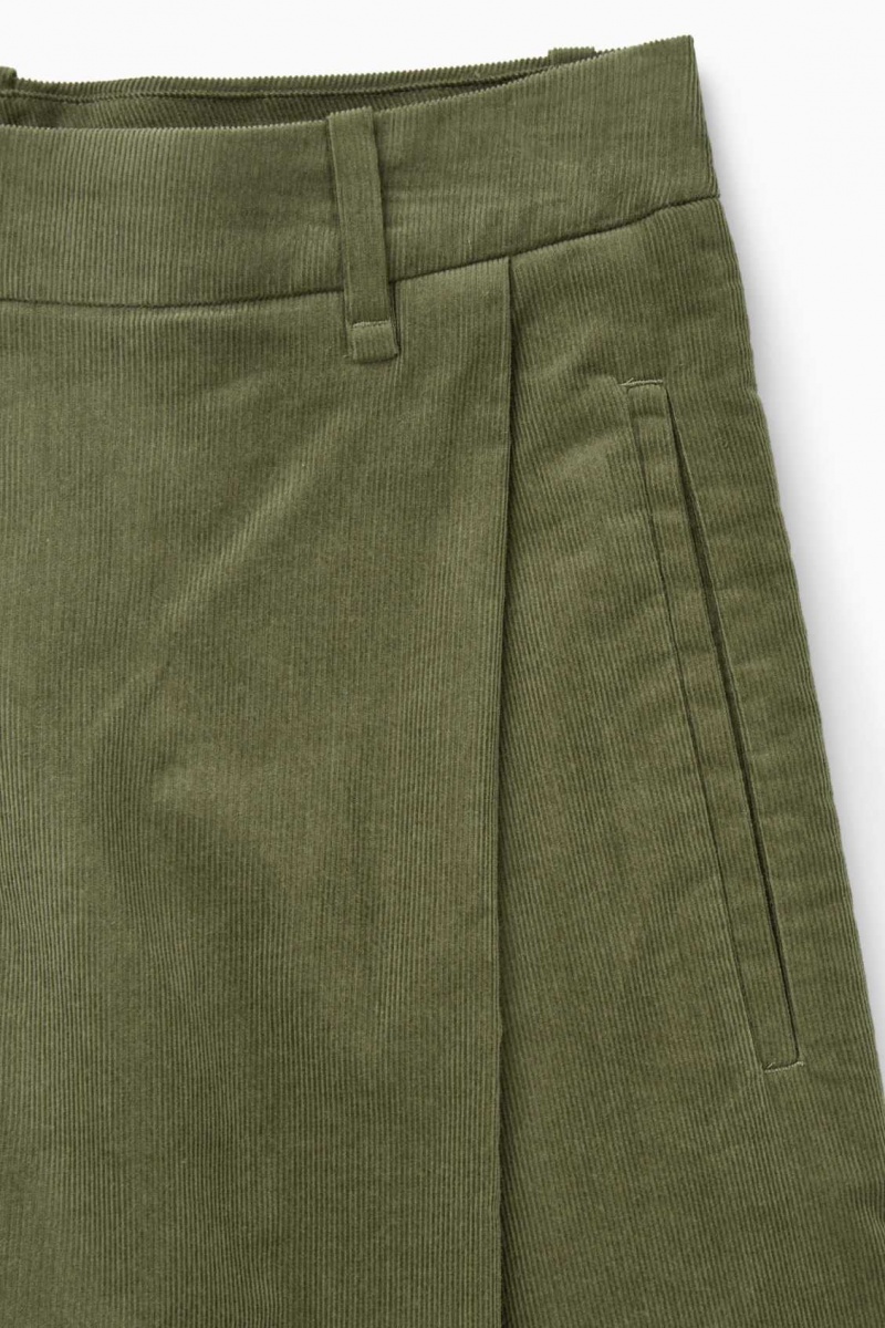 DARK KHAKI COS PLEATED BARREL-LEG CORDUROY PANTS | CRW-692840