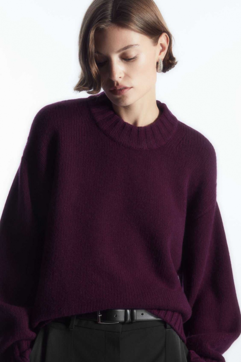 DARK PURPLE COS CHUNKY PURE CASHMERE CREW-NECK SWEATER | YJP-260854