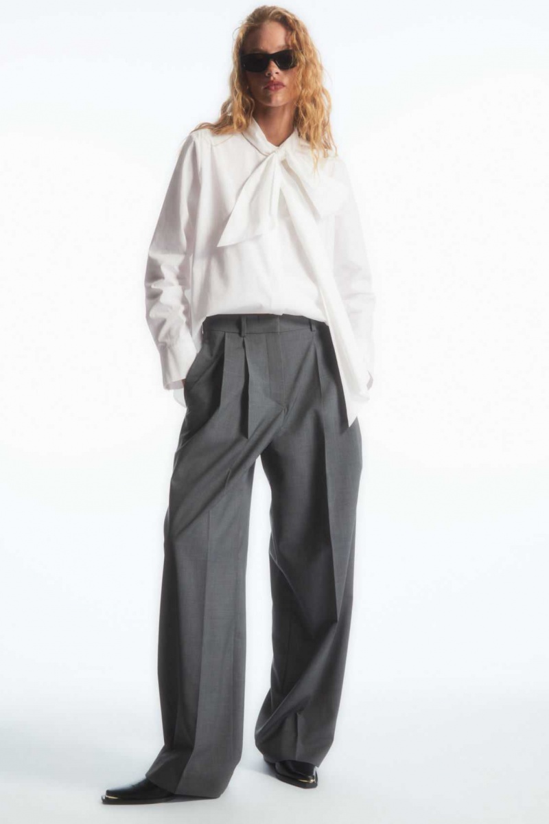 GRAY MÉLANGE COS WIDE-LEG TAILORED WOOL PANTS | THW-821946