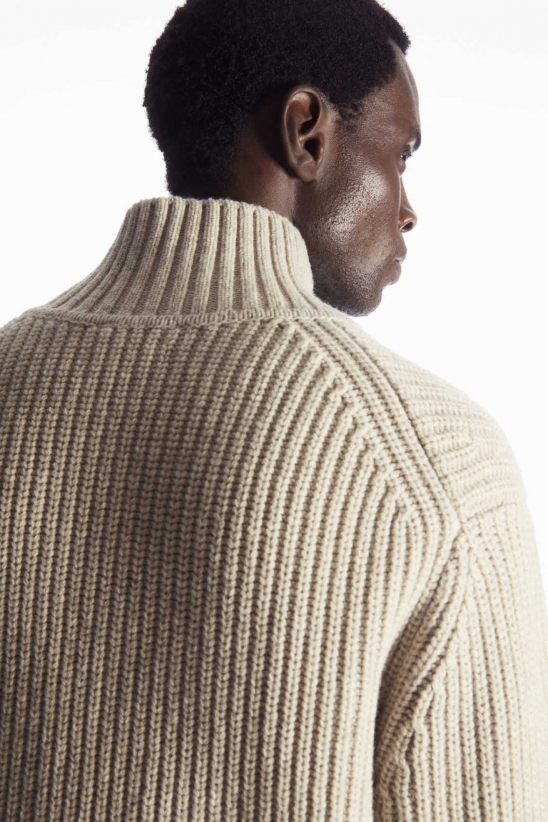 LIGHT BEIGE COS FUNNEL-NECK KNITTED WOOL JACKET | VKB-542301