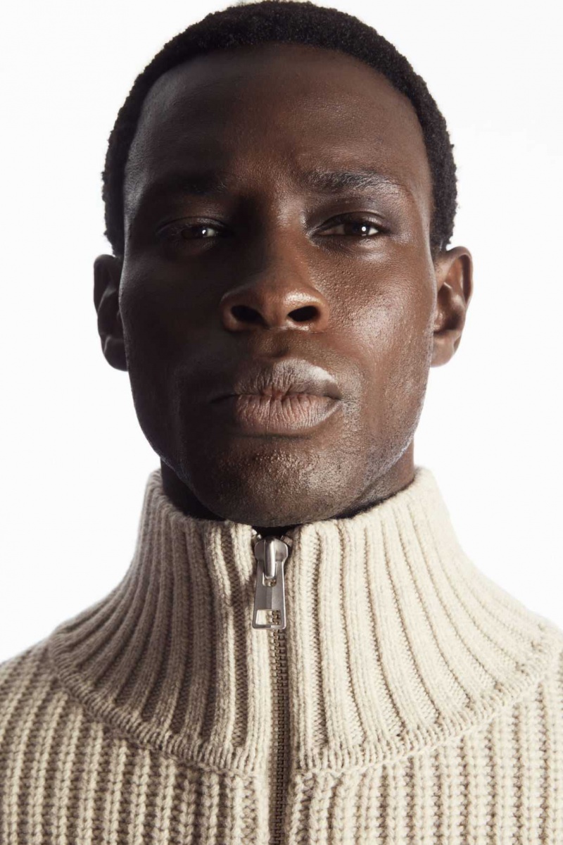 LIGHT BEIGE COS FUNNEL-NECK KNITTED WOOL JACKET | VKB-542301