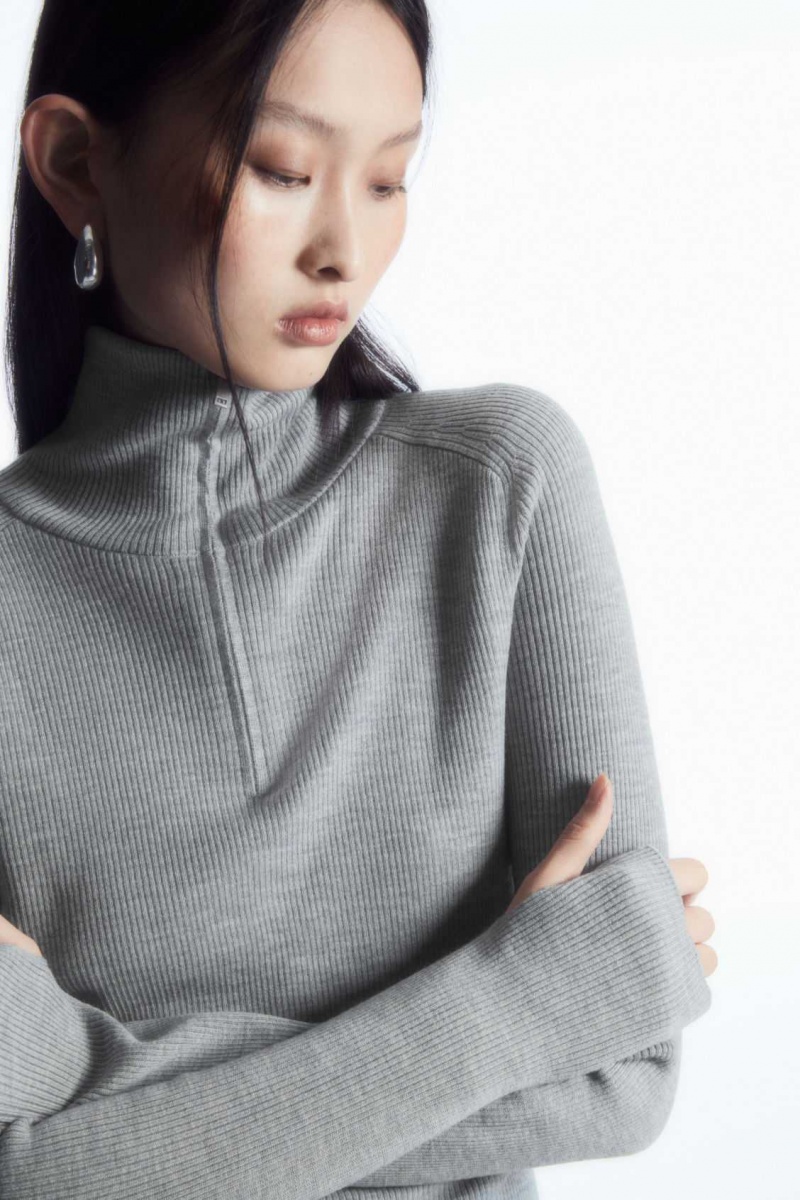 LIGHT GRAY MÉLANGE COS RIBBED WOOL HALF-ZIP TOP | WFX-984613