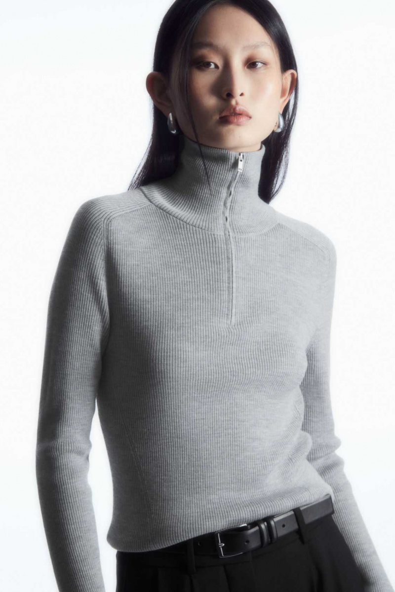 LIGHT GRAY MÉLANGE COS RIBBED WOOL HALF-ZIP TOP | WFX-984613