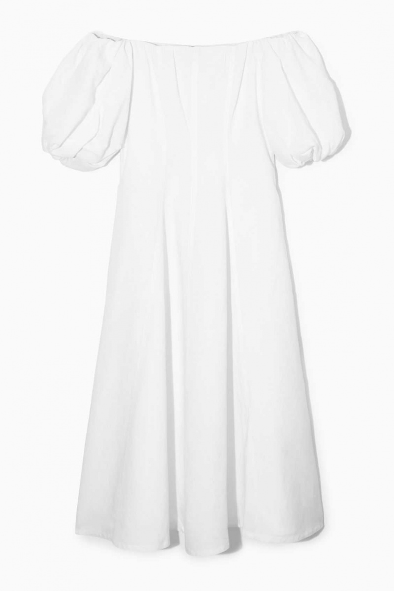 WHITE COS OFF-THE-SHOULDER PUFF-SLEEVE MIDI DRESS | QDF-870369