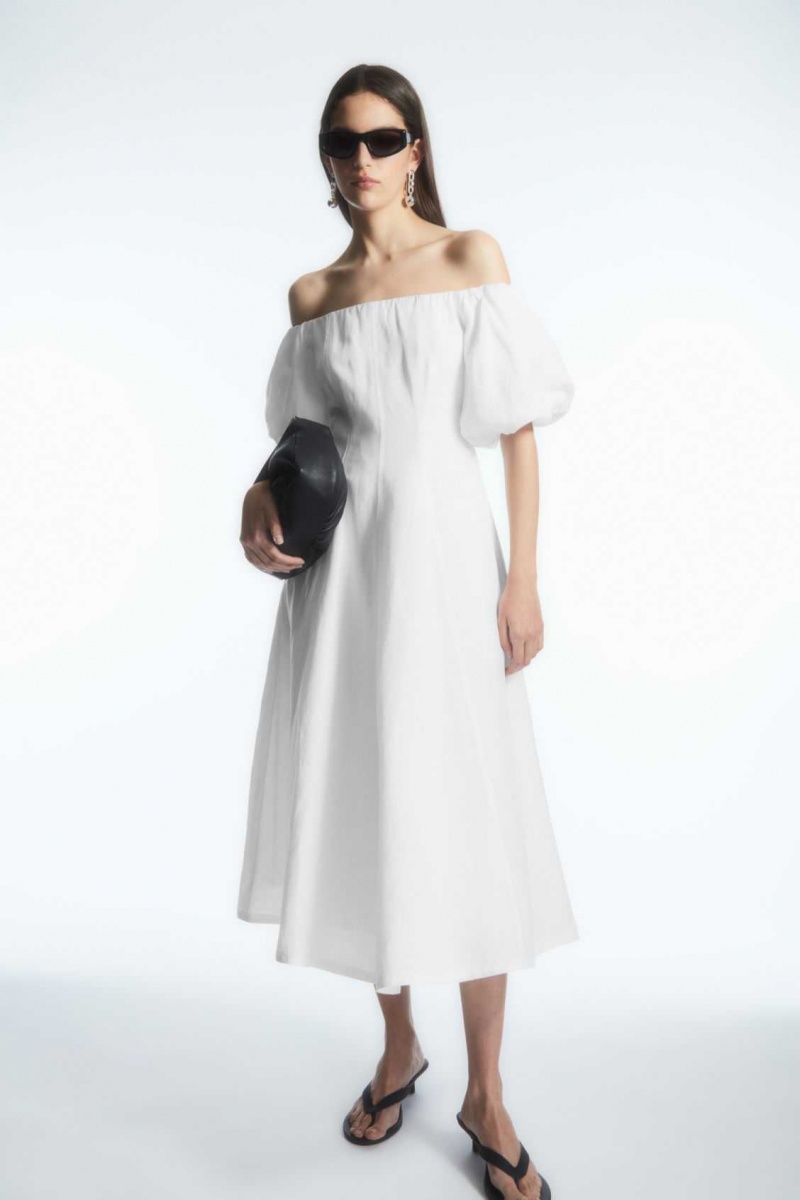 WHITE COS OFF-THE-SHOULDER PUFF-SLEEVE MIDI DRESS | QDF-870369