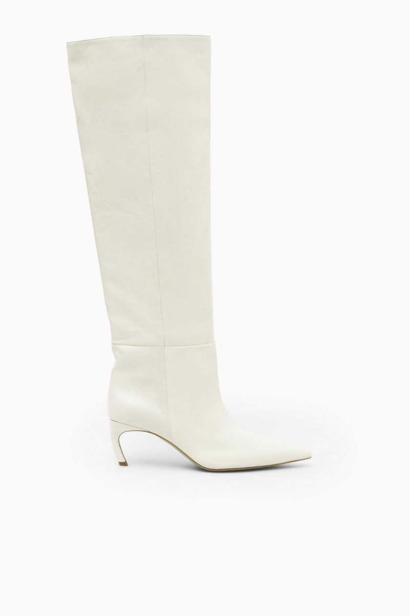 WHITE COS POINTED-TOE LEATHER KNEE-HIGH BOOTS | SCB-012956