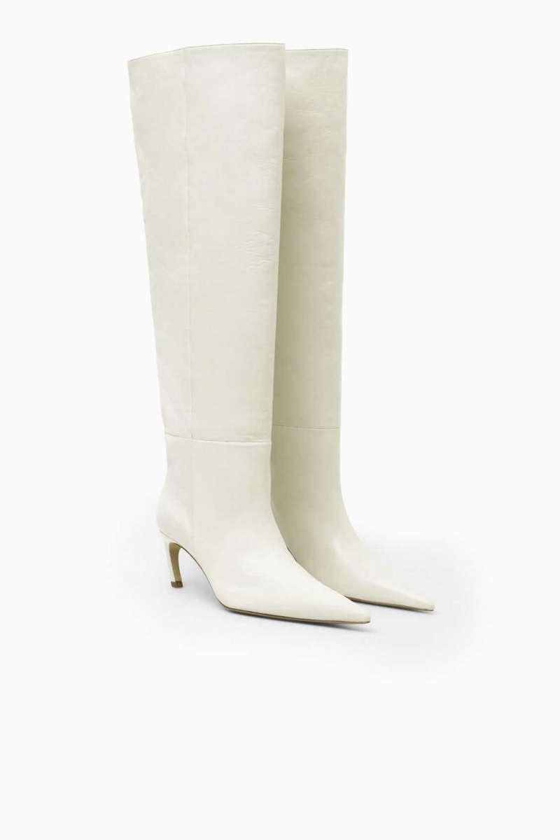 WHITE COS POINTED-TOE LEATHER KNEE-HIGH BOOTS | SCB-012956