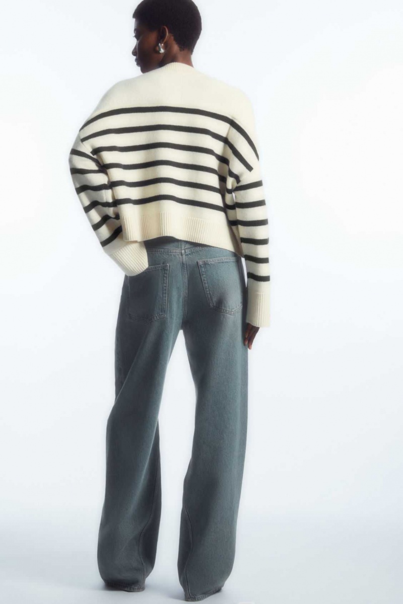 WHITE / STRIPED COS WOOL CREW-NECK CARDIGAN | BOX-937805