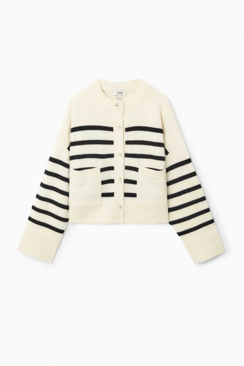 WHITE / STRIPED COS WOOL CREW-NECK CARDIGAN | BOX-937805